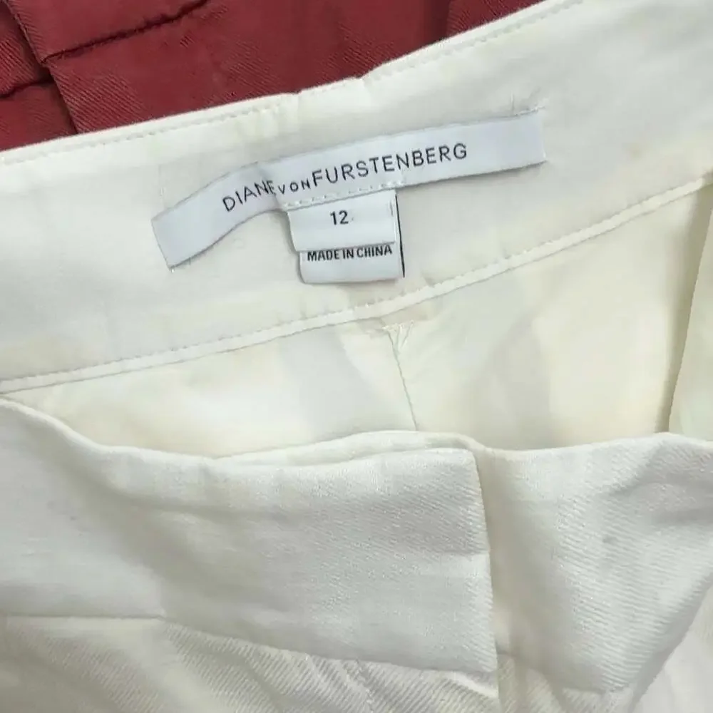 DVF Diane von Furstenberg White Carissa Linen Blend Trousers Size 12 Women’s